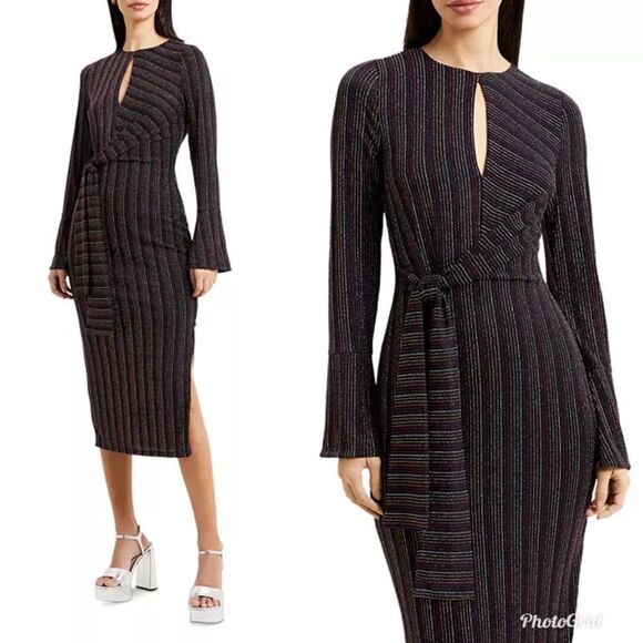 Revolve French Connection Paula Keyhole Metallic Striped Midi Dress - Picture 1 of 8